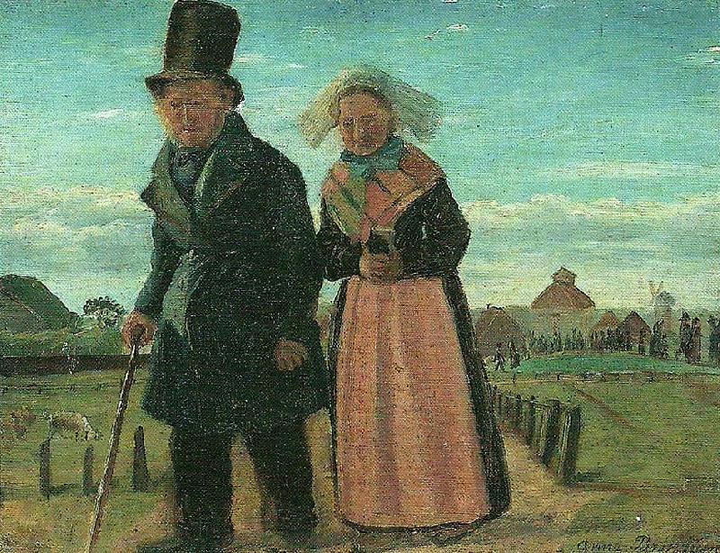 anna brondum et gammelt aegtepar pa hjemvejen fra skagen kirke efter en begravelse Norge oil painting art